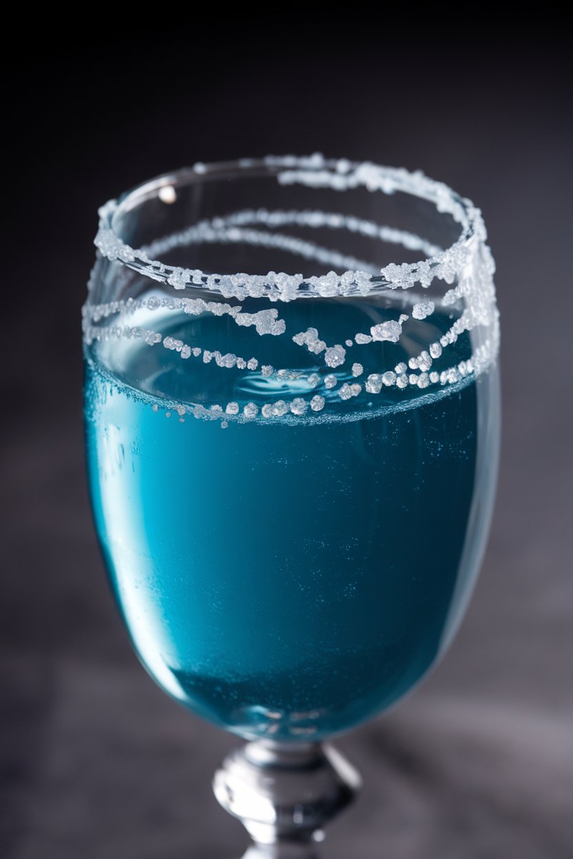 An indoor countdown scene with a flute of sapphire-blue Midnight Kiss, sugar rim sparkling. No text or logos.