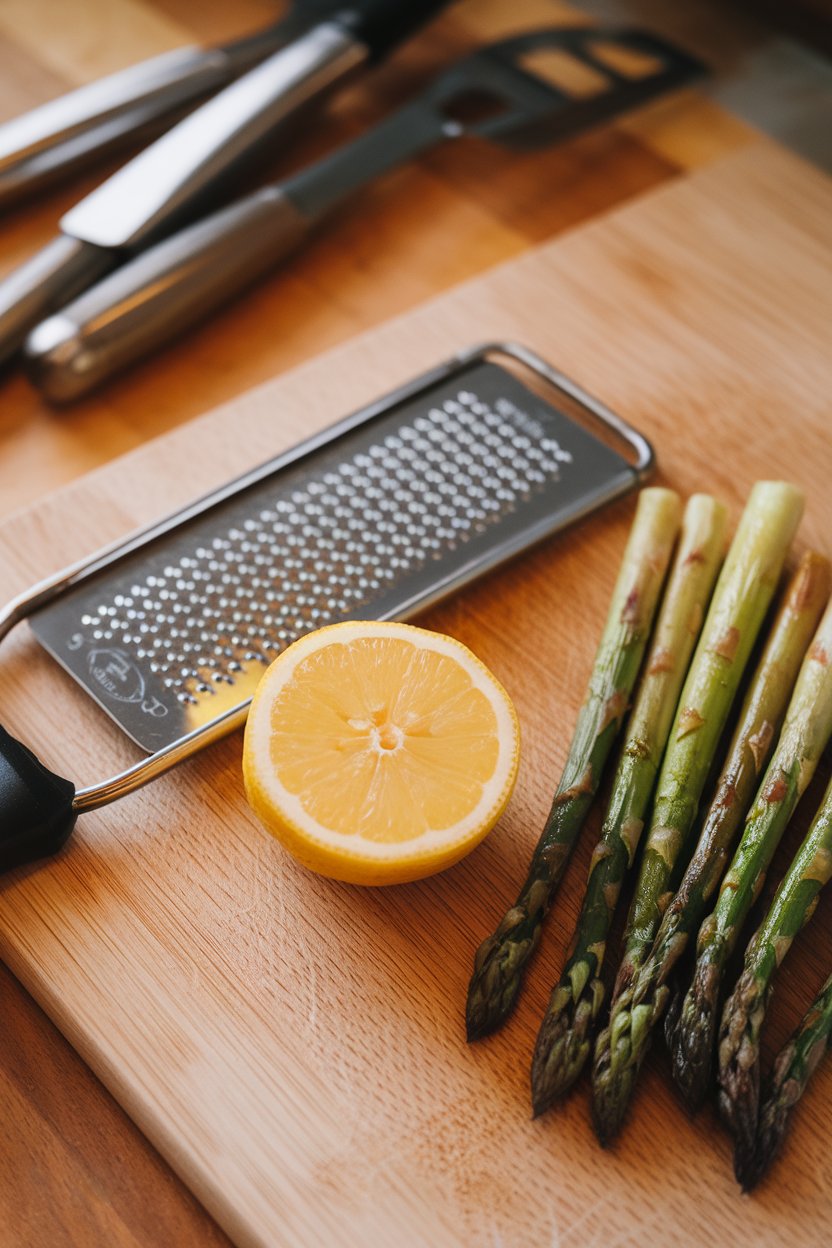 An indoor cutting board with a microplane grater and freshly zested lemon beside roasted asparagus spears, no text or logos, photo only