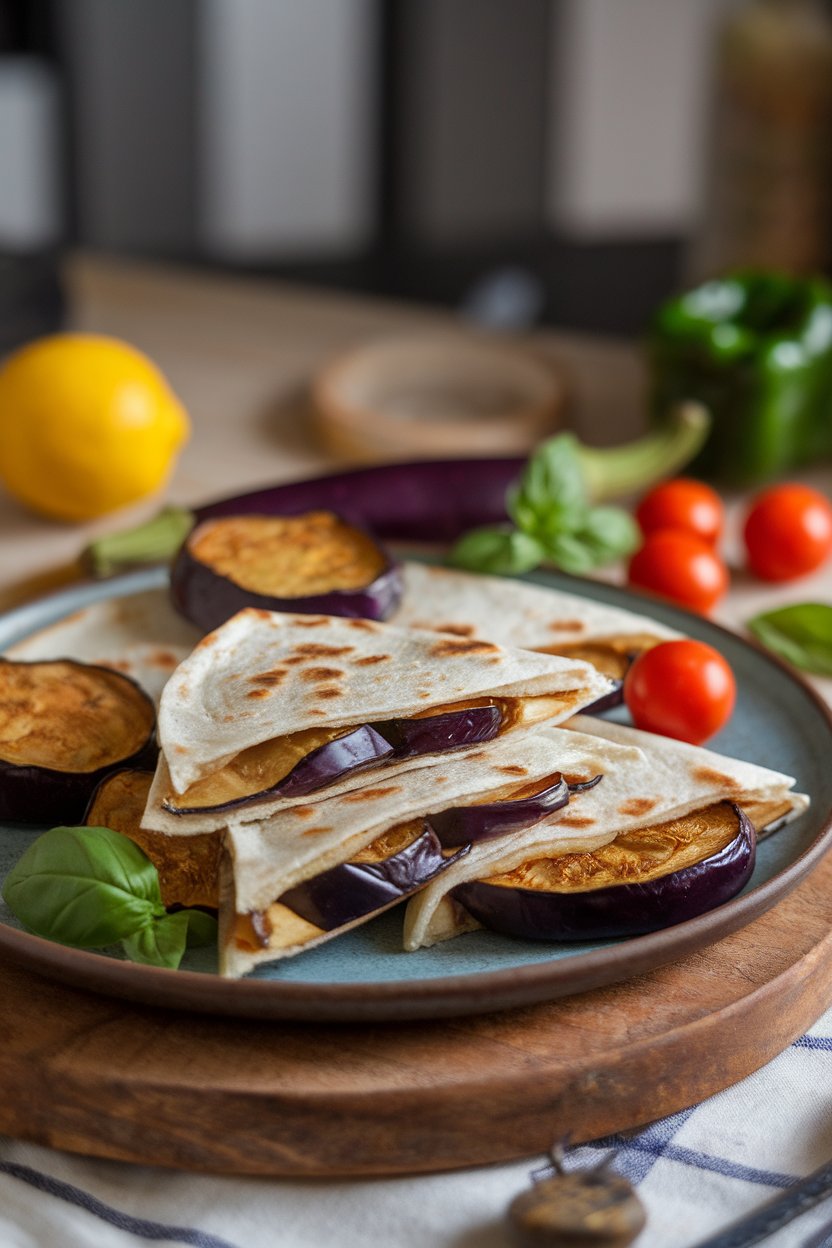 Indoor rustic plate, roasted eggplant rounds inside mozzarella quesadilla, photo, no text or logos.