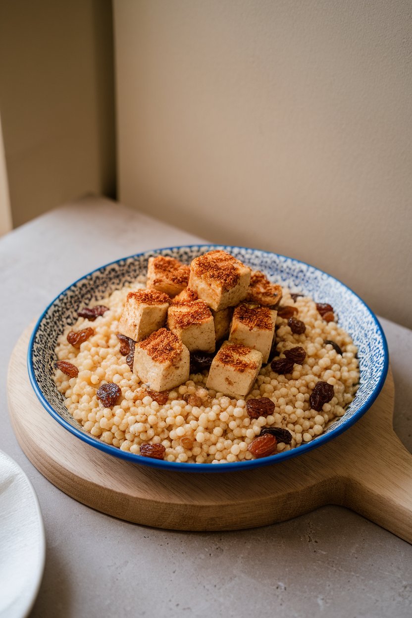 Indoor table with pearl couscous, ras el hanout-rubbed baked tofu cubes, raisins, and almonds. No text or logos.