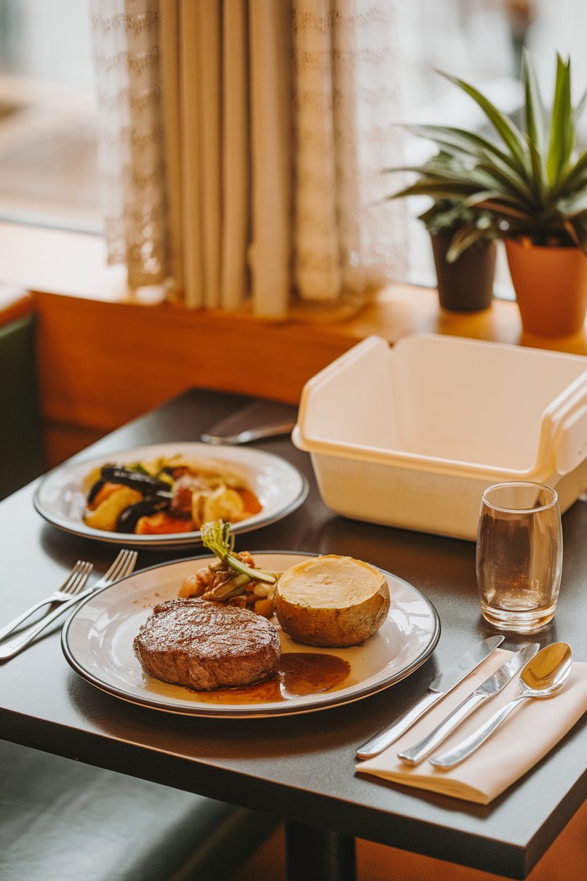 An indoor restaurant table with a meal split onto two plates, garnish tidy, and a take-home container in the background. No text or logos on plates or container.