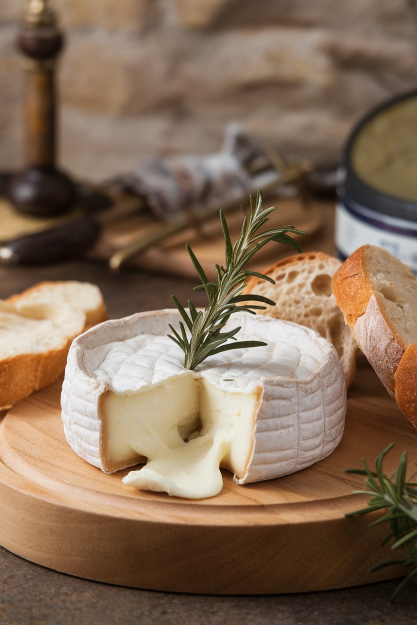 A small round of baked Camembert indoors, rind split, gooey cheese oozing, rosemary sprig on top, no logos. Photo.