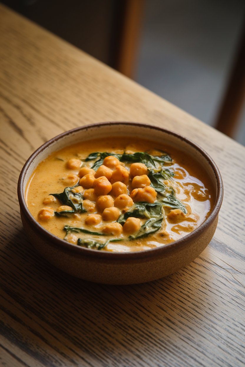 A ceramic bowl on a wooden indoor table containing creamy chickpea curry dotted with vibrant spinach leaves. Soft side lighting highlights the golden coconut sauce; no text or logos visible.