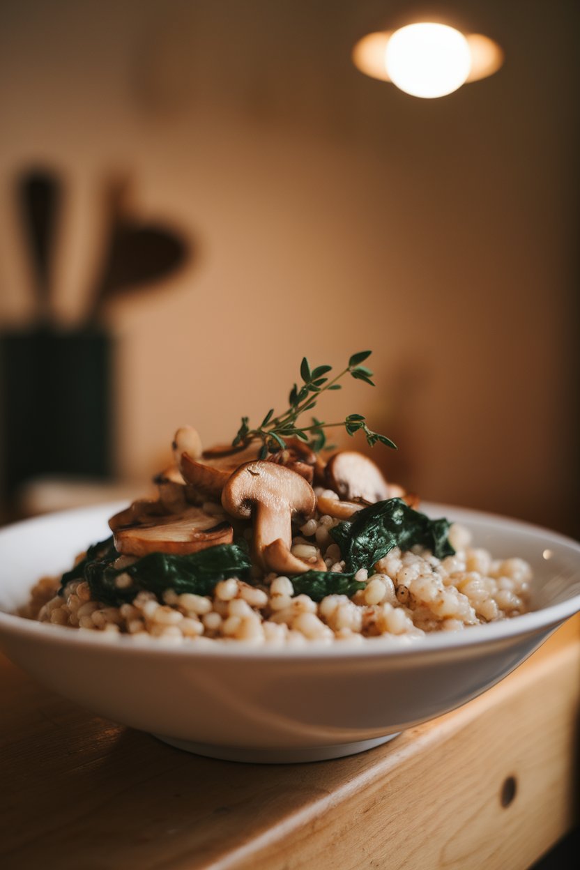 Warm indoor image of pearl barley topped with sautéed cremini mushrooms, wilted spinach, and thyme. No text or logos.