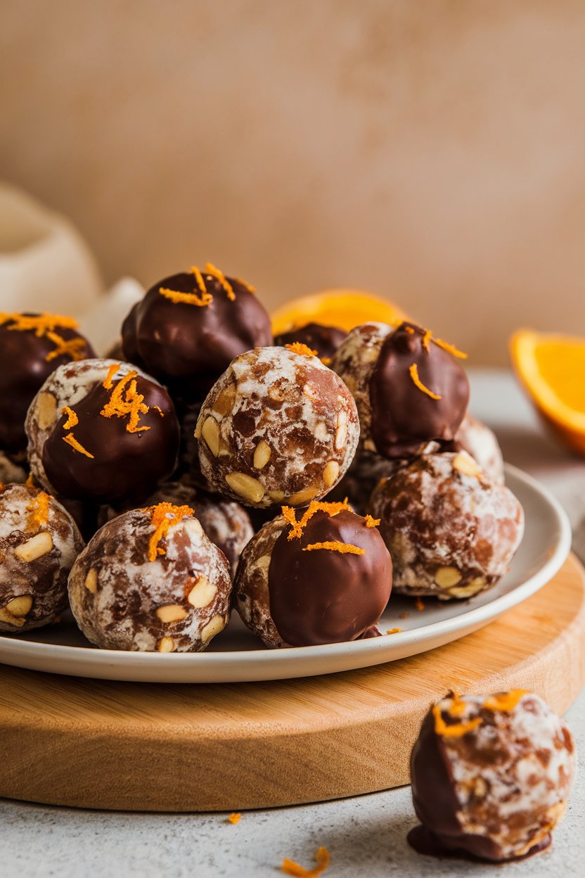 Photo, indoors, plate of round date-nut energy bites half-dipped in dark chocolate, orange zest sprinkled on top. No text or logos.