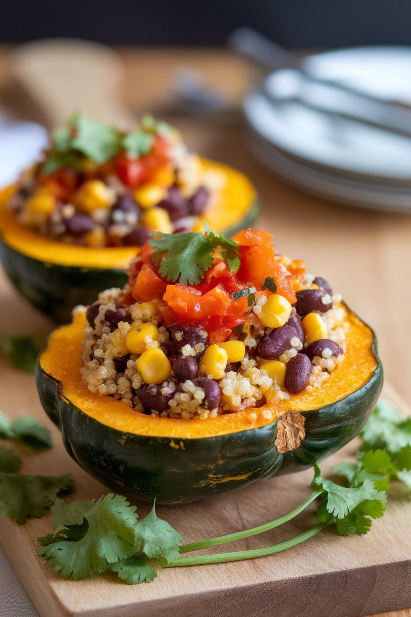 Photo, indoors, halved acorn squash roasted and filled with black beans, corn, quinoa, and salsa, cilantro garnish. No text or logos present.