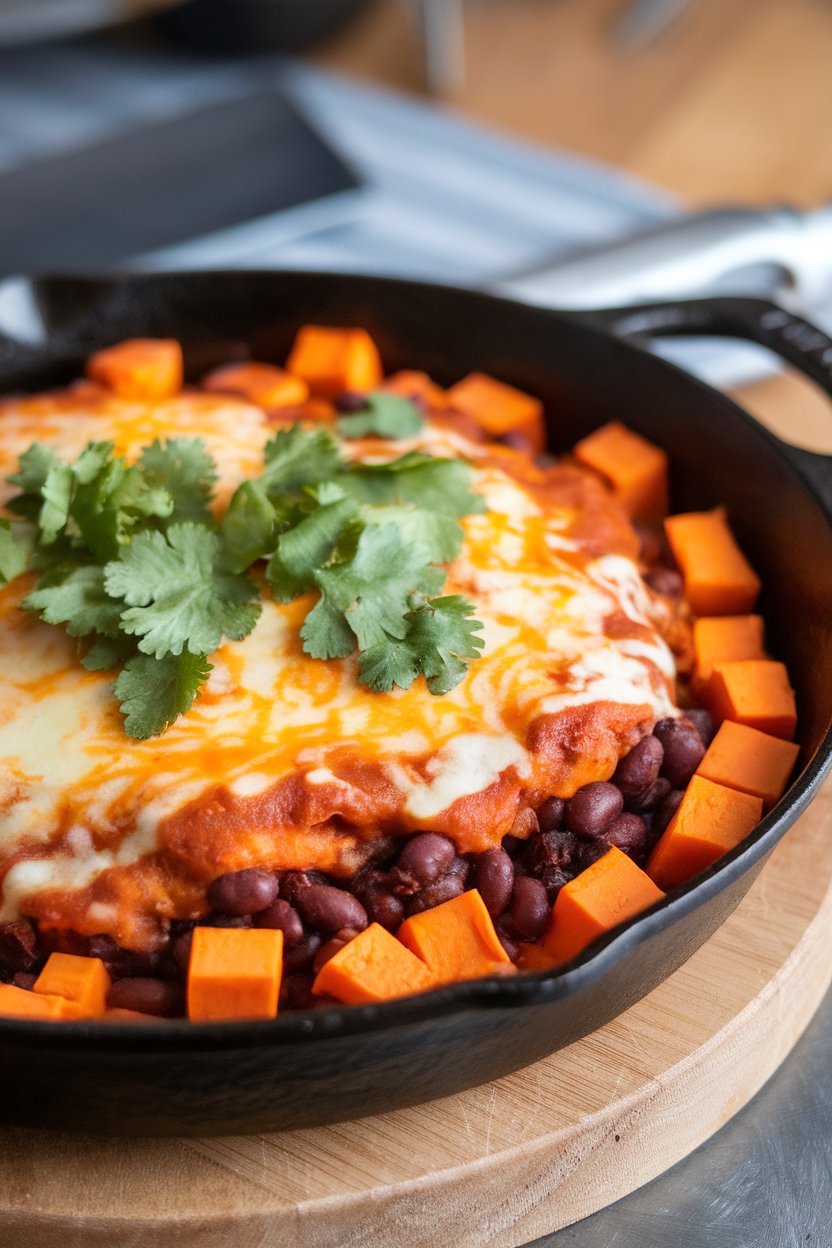 Photo prompt: Indoor cast-iron skillet with layered sweet potato cubes, black beans, enchilada sauce, and melted cheese, garnished with cilantro. No text or logos.