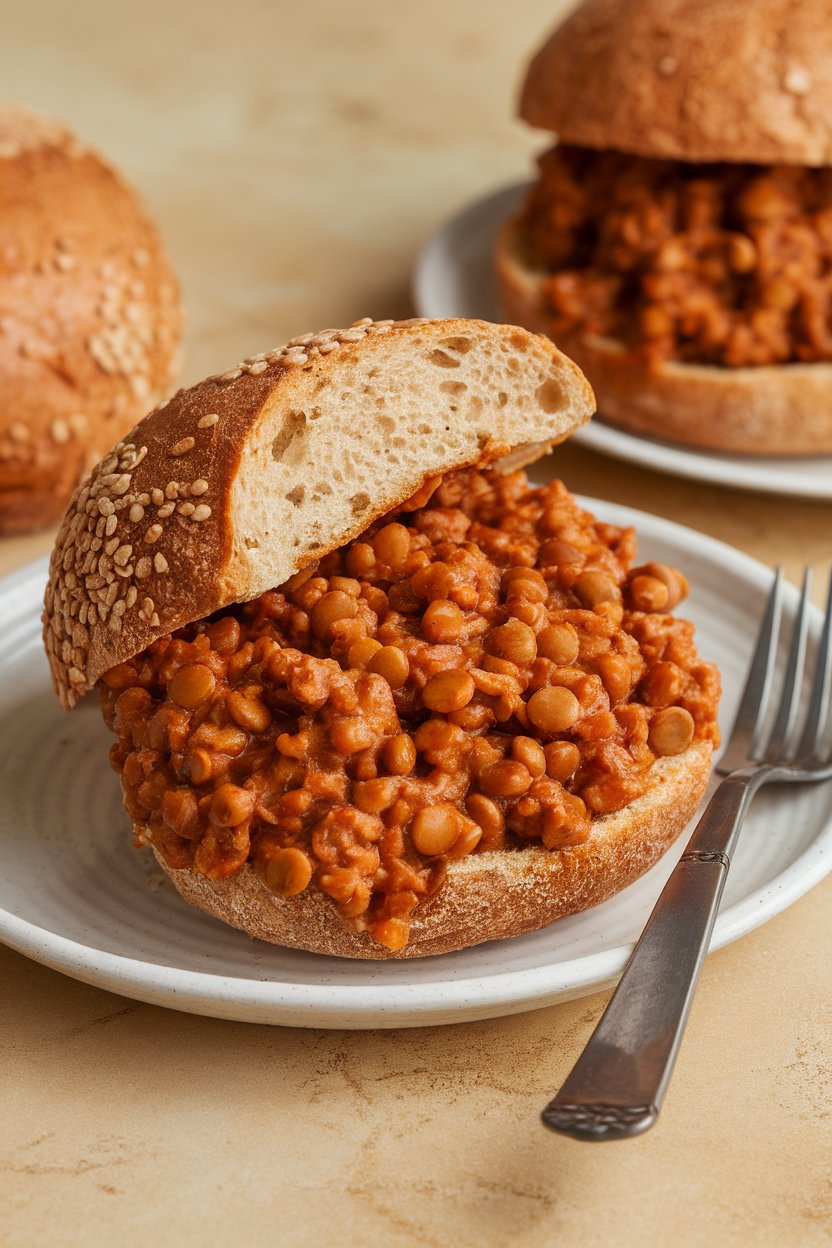 Indoor photo of a whole-grain bun overflowing with saucy lentil sloppy joe filling; table setting, no text or logos