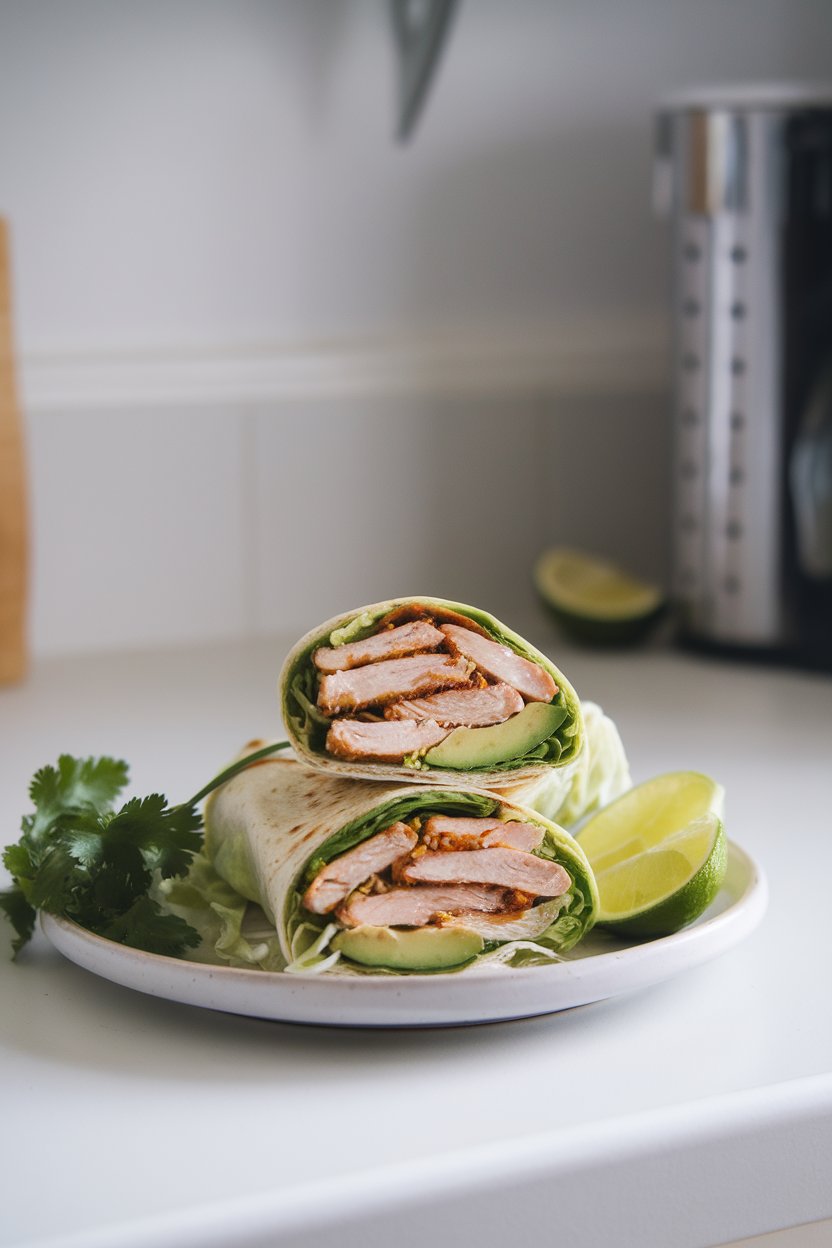 Indoor countertop featuring a sliced wrap with cilantro-lime grilled chicken, avocado slices, and shredded romaine. No logos or text.