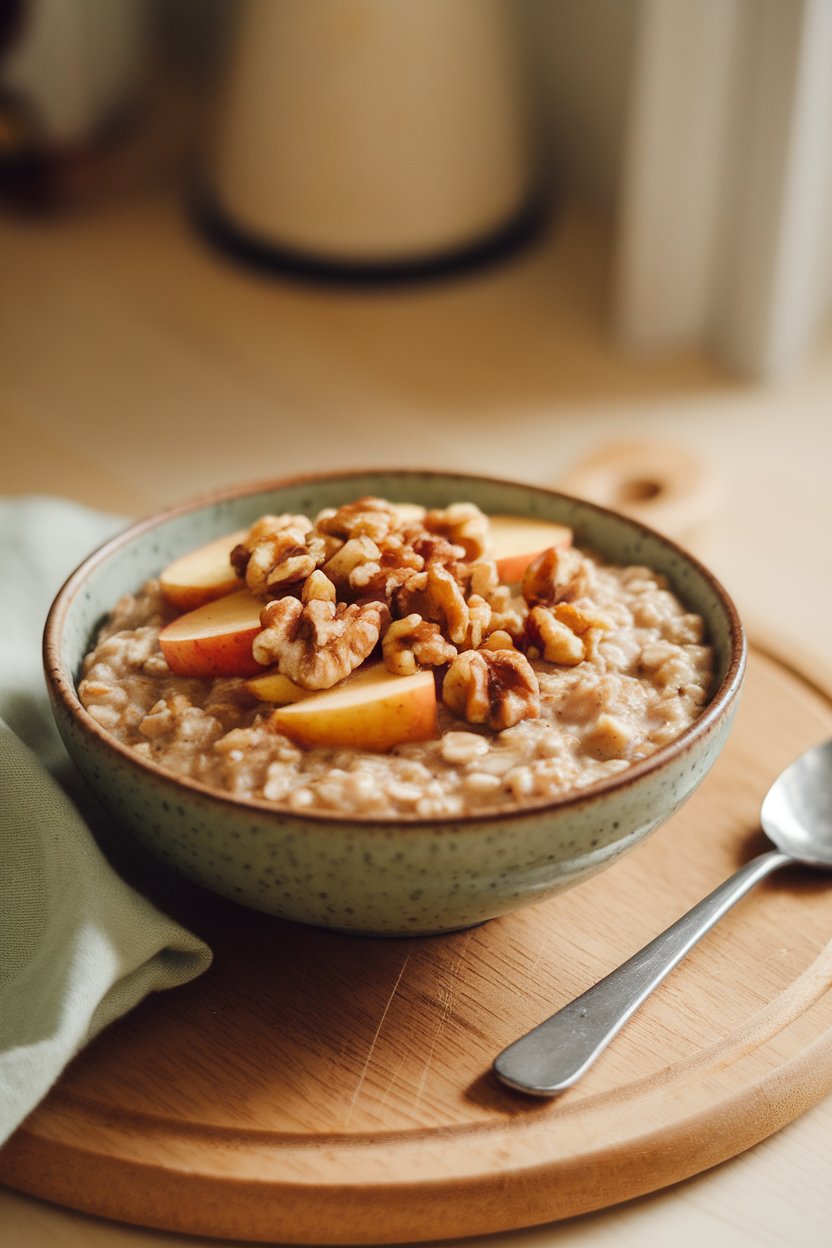 Indoor food photo of a bowl of steel-cut oats topped with cinnamon apples and chopped walnuts; morning kitchen light, no text or logos.