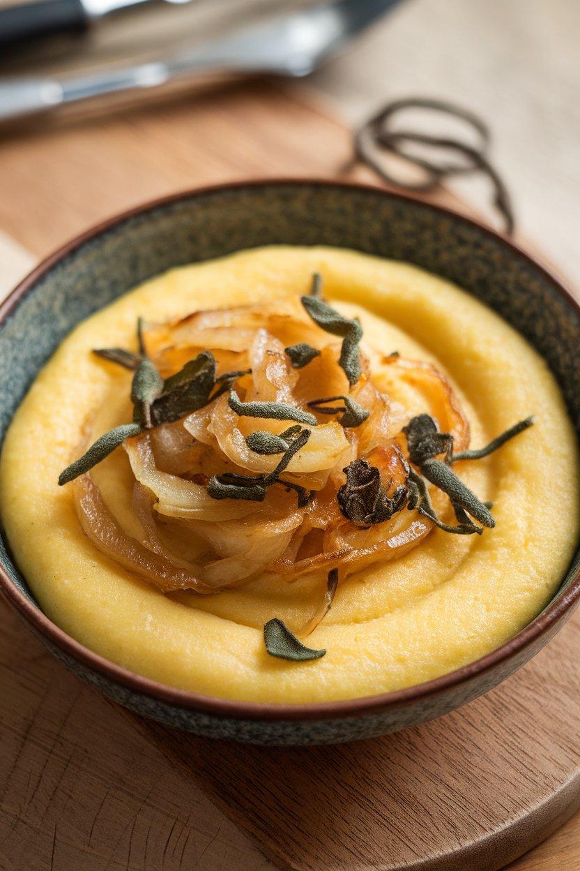 An indoor shallow bowl of creamy yellow polenta topped with golden caramelized onions and chopped sage. No text or logos.