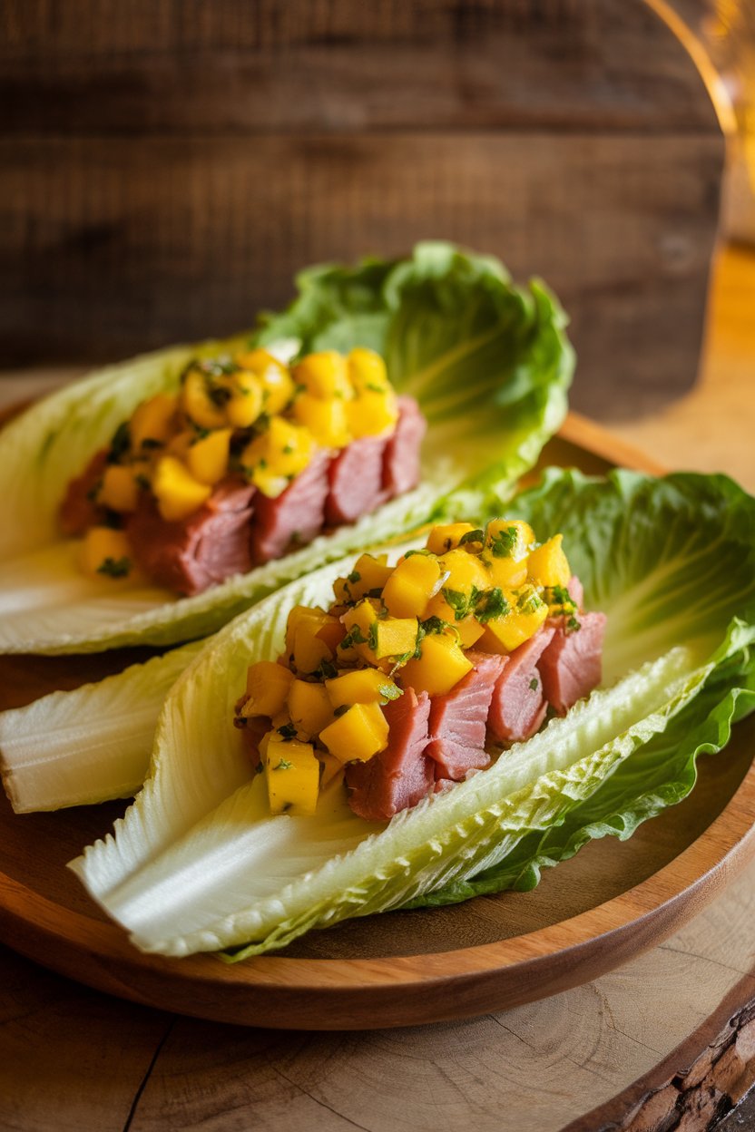 Romaine leaves holding tuna topped with fresh mango salsa, photographed indoors, no text or logos.