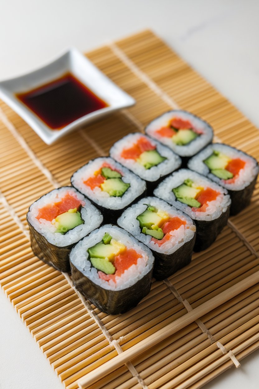 An indoor sushi mat next to sliced maki rolls filled with avocado, cucumber, carrot, and bell pepper, soy sauce in a small dish. No text or logos; photo, not illustration.