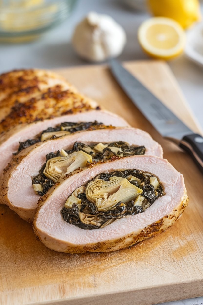 Photo of an indoor cutting board with sliced chicken breast revealing spinach and artichoke filling, no text or logos