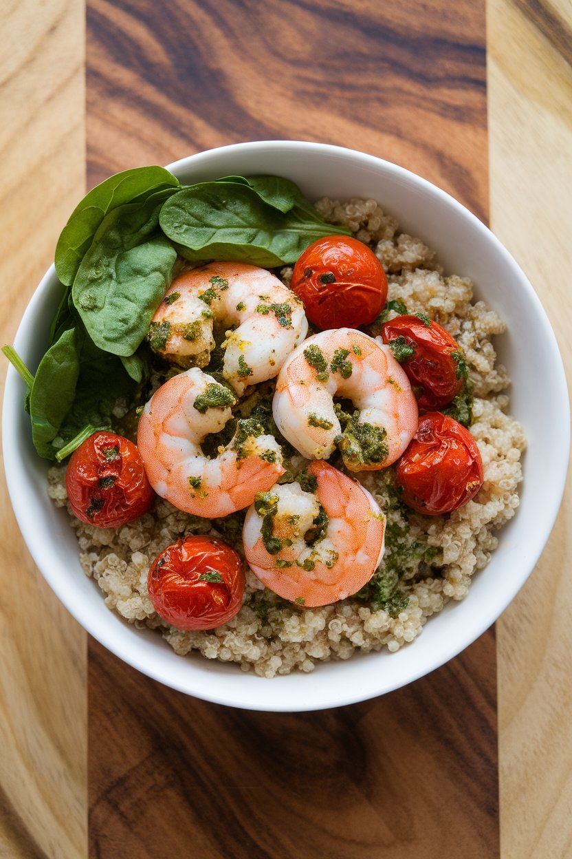 Indoor shot of quinoa topped with grilled shrimp tossed in chimichurri, roasted cherry tomatoes, and baby spinach. No text or logos.