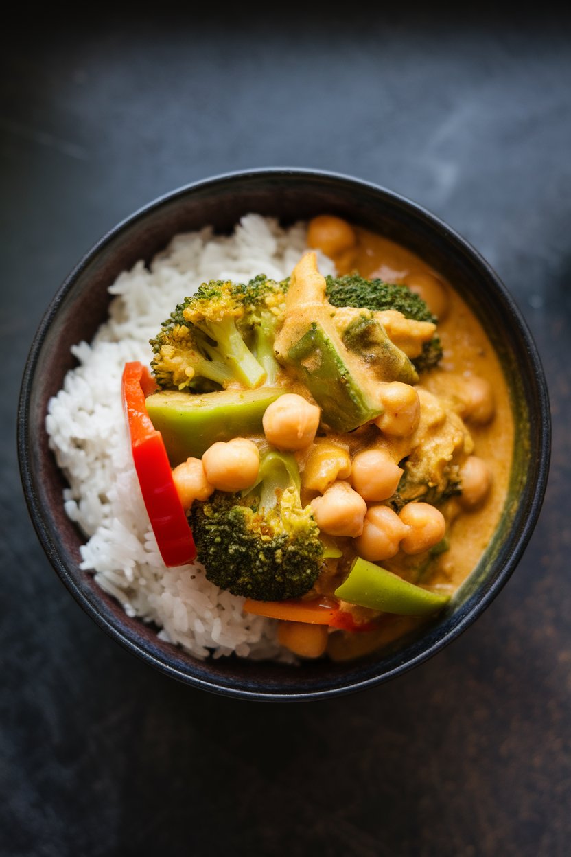 Indoor bowl with jasmine rice topped by cooked coconut curry vegetables—broccoli, bell pepper, and chickpeas—in a golden sauce; overhead light; photo, no text or logos.