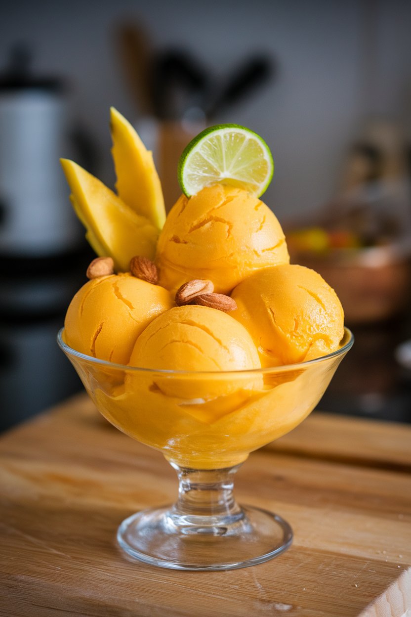 An indoor dessert bowl of bright mango nice cream garnished with a lime twist, photo only, no text or logos.