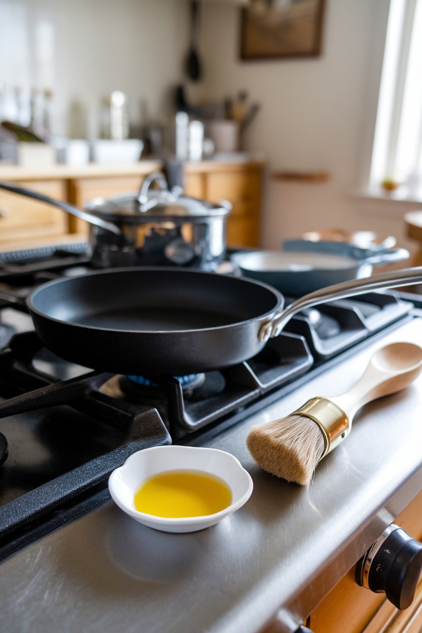 An indoor stovetop with a small dish of extra-virgin olive oil and a basting brush beside a sauté pan, no text or logos, photo only