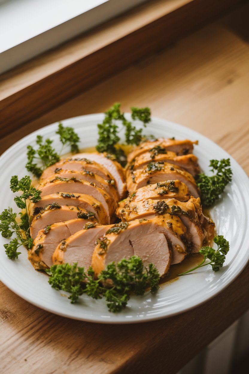 Indoor food photo of sliced cooked chicken breast glazed with lemon-garlic sauce on a white plate, garnished with fresh parsley; soft window light, no text or logos.