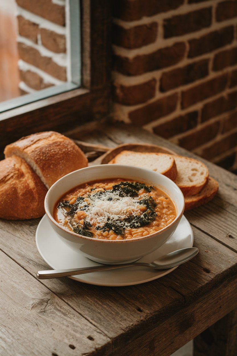 Indoor rustic wood table with a bowl of farro and kale soup, grated parmesan on top. No text or logos. Photo.