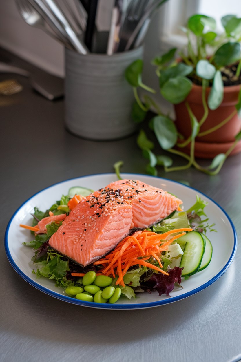 Indoor countertop with a plate of flaked cooked salmon over mixed greens, shredded carrots, edamame, and cucumber ribbons, sprinkled with sesame seeds. Photo only, no text or logos.