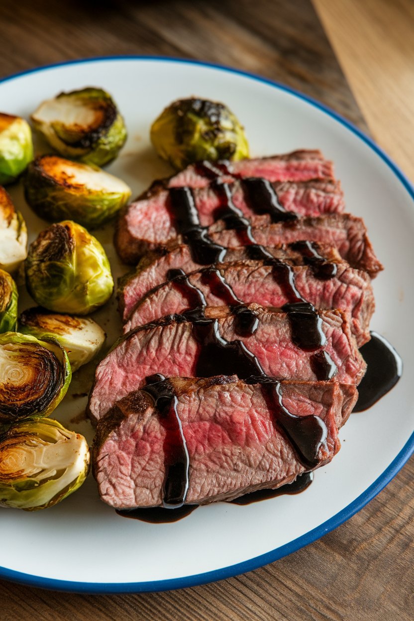 An indoor dinner plate with sliced medium-rare steak drizzled in balsamic glaze, alongside roasted Brussels sprouts; no text or logos; photo