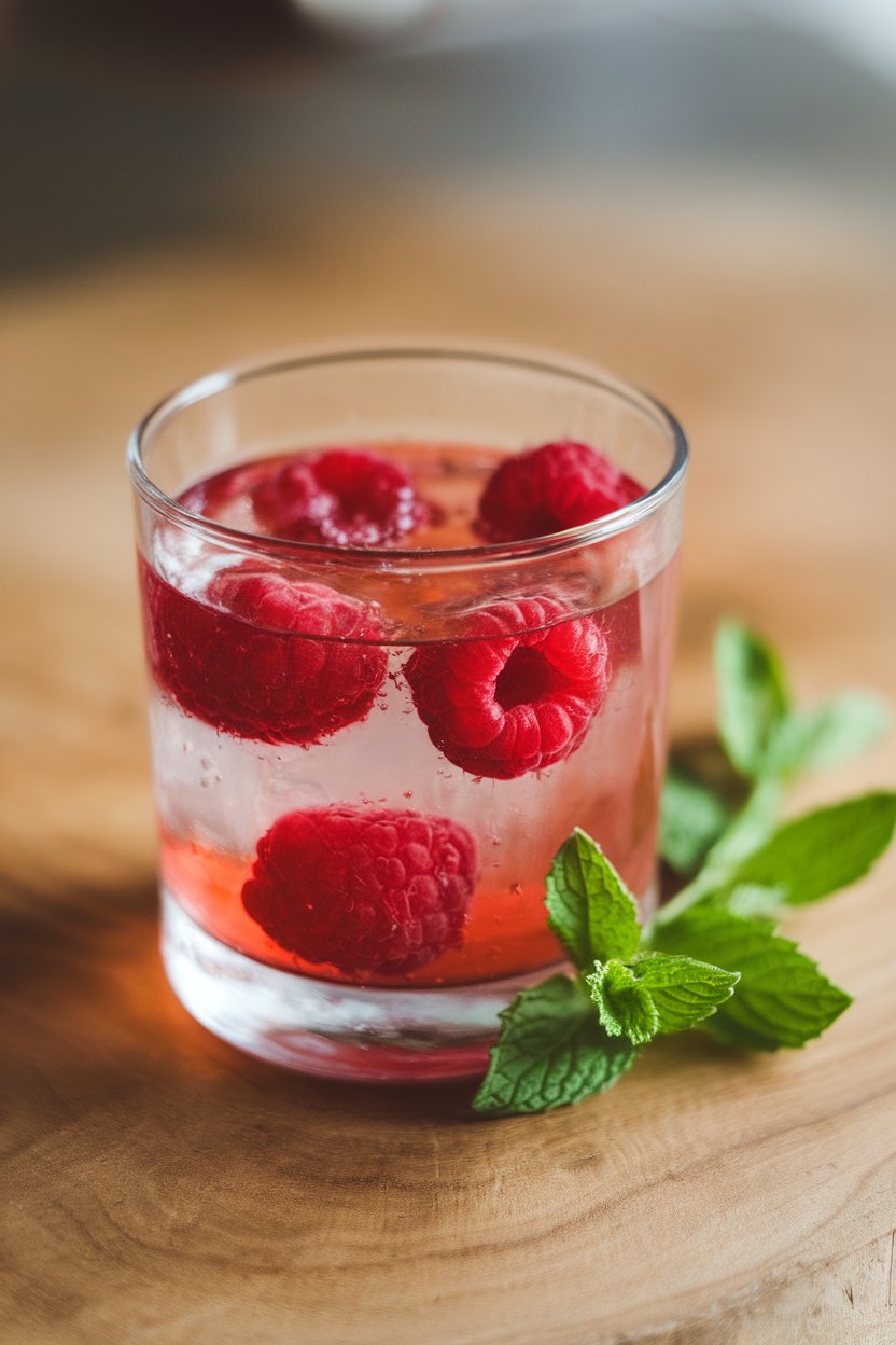 A photo of an indoor rocks glass containing ruby shrub syrup diluted with soda water, fresh raspberries bobbing; no text or logos.