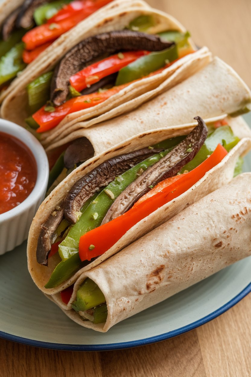 Indoor photo with sizzling portobello strips and bell peppers tucked into whole-grain tortillas. No logos or text present.