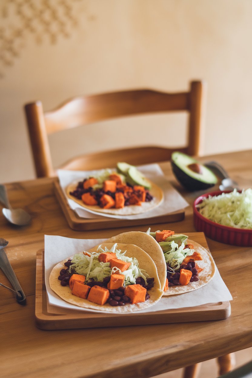 A warm indoor scene showing corn tortillas filled with roasted sweet potato cubes, black beans, shredded cabbage, and avocado slices. No text or logos anywhere.