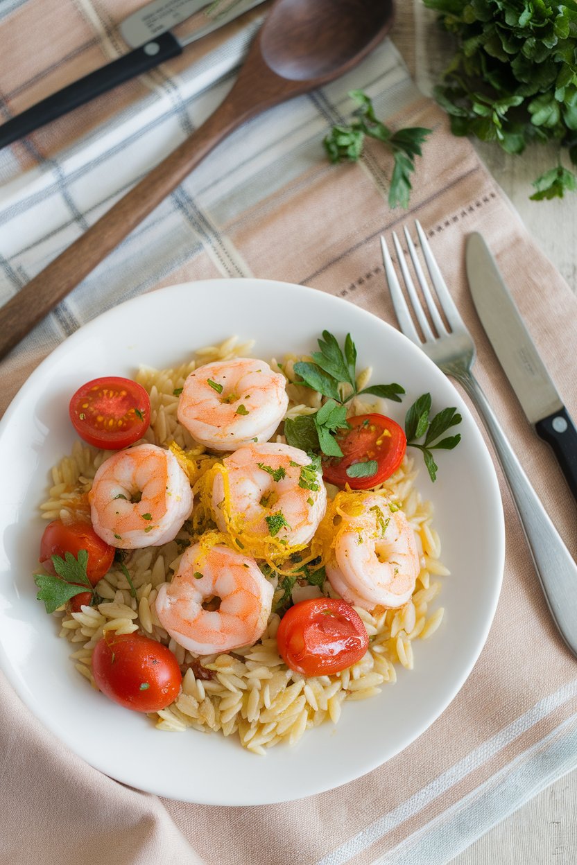 Indoor tabletop featuring orzo pasta, sautéed shrimp with lemon zest, cherry tomatoes, and parsley. No text or logos.