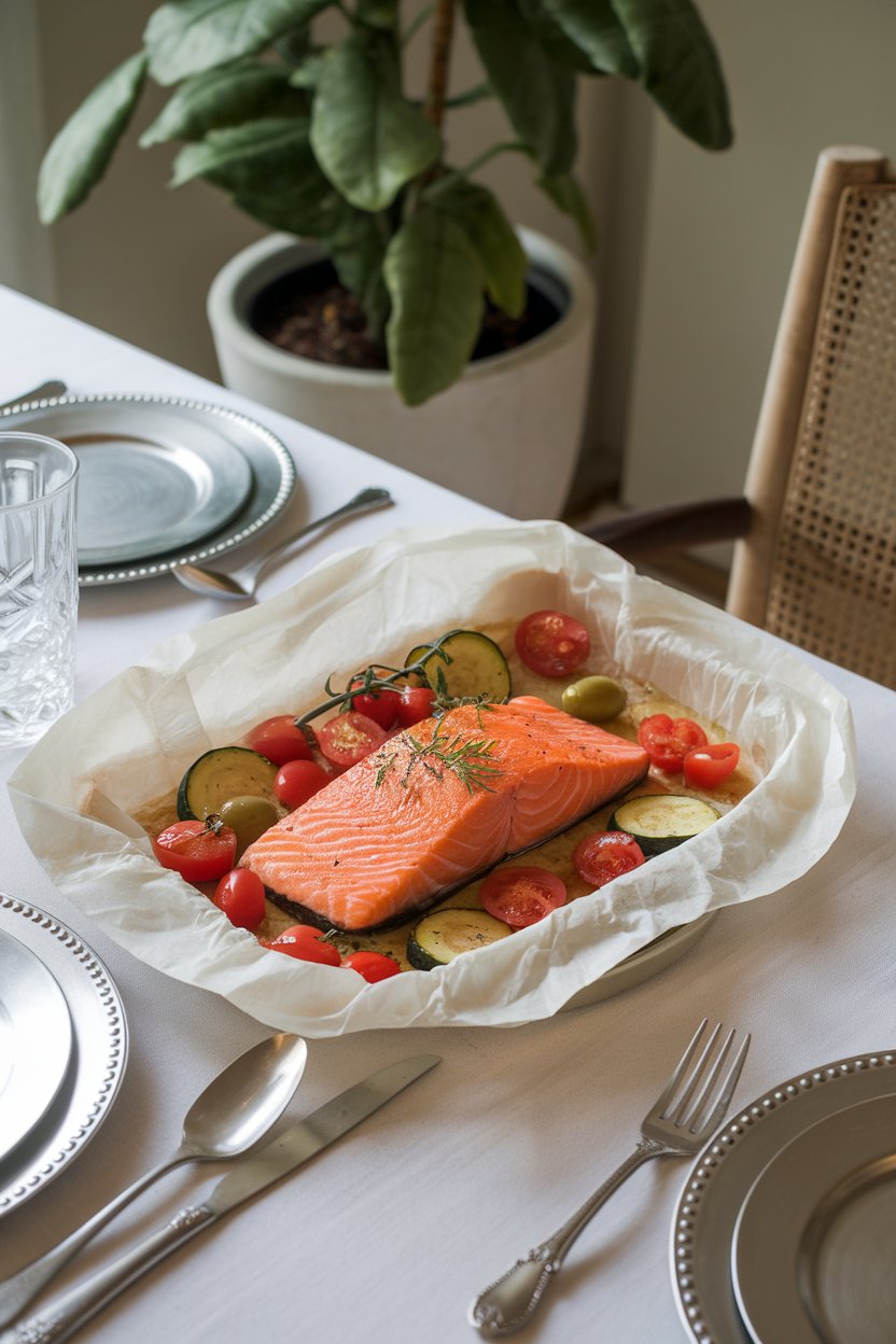 An indoor dining table featuring an opened parchment packet revealing salmon surrounded by cherry tomatoes, olives, and sliced zucchini. No visible logos or text.