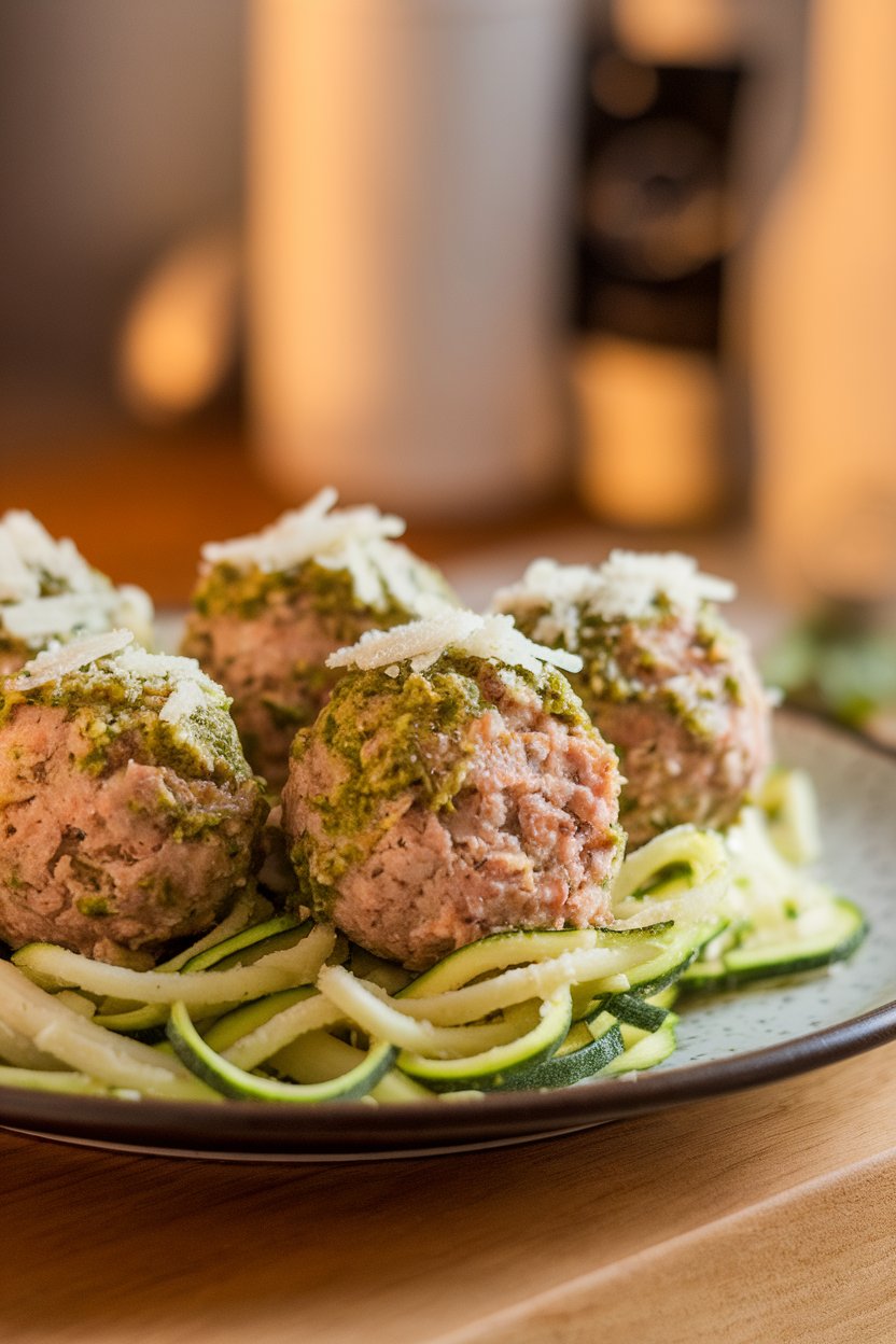 A warmly lit indoor plate of turkey meatballs coated in green pesto atop zucchini noodles; no brands visible.