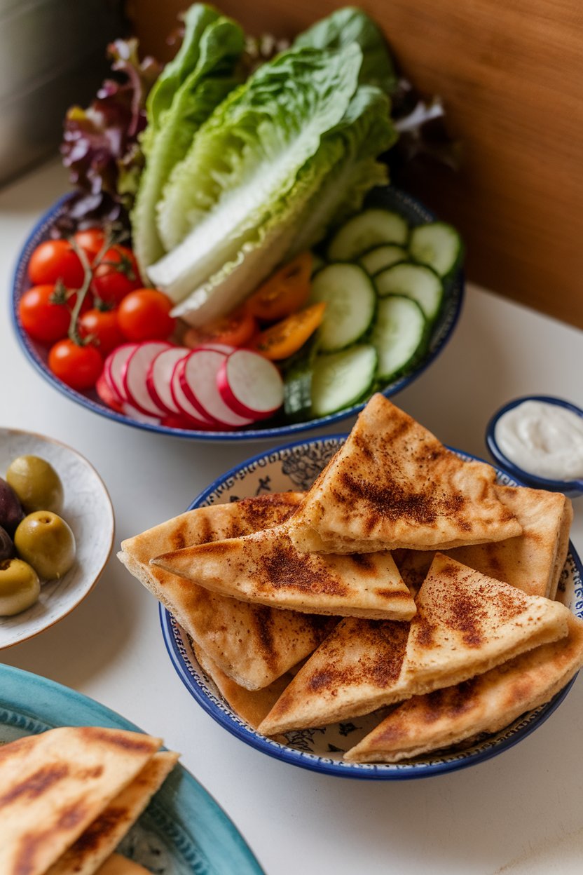 Indoor mezze spread with a bowl of romaine, tomatoes, cucumber, radish, and crispy toasted pita pieces sprinkled with sumac. Photo only, no text or logos.