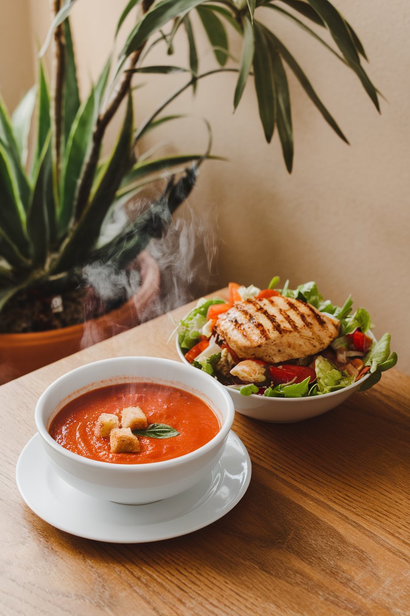 An indoor setting with a bowl of tomato basil soup next to a vibrant side salad; no logos. Photo.
