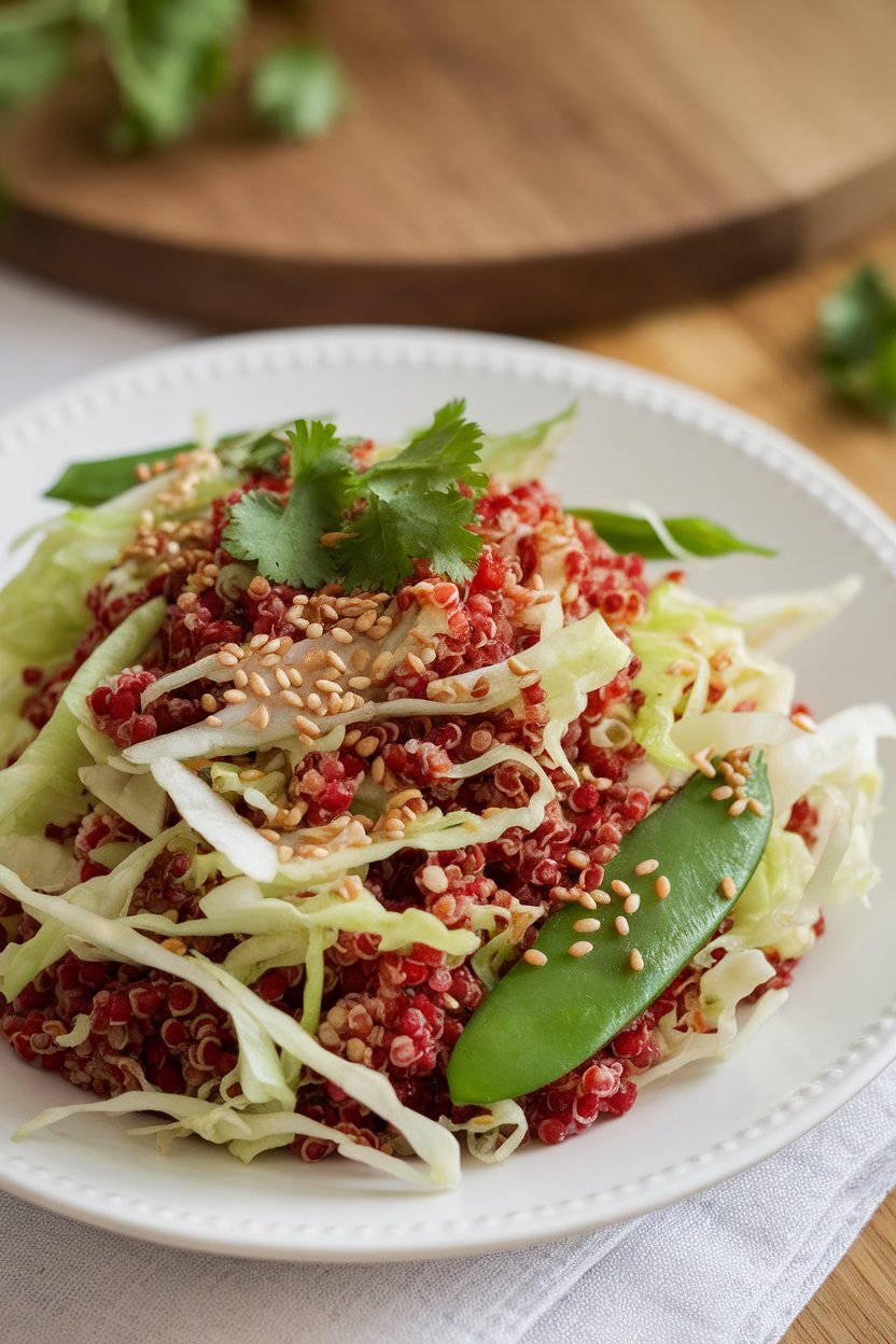 Photo of red quinoa tossed with shredded cabbage, snow peas, and sesame seeds, shot indoors with soft light, no text or logos.