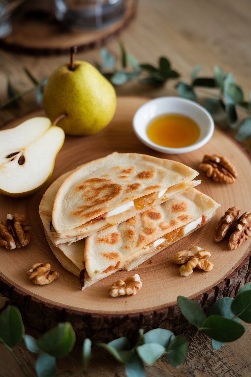Indoor cheese-board style plate, pear walnut gorgonzola quesadilla drizzled lightly with honey, photo, no text or logos.