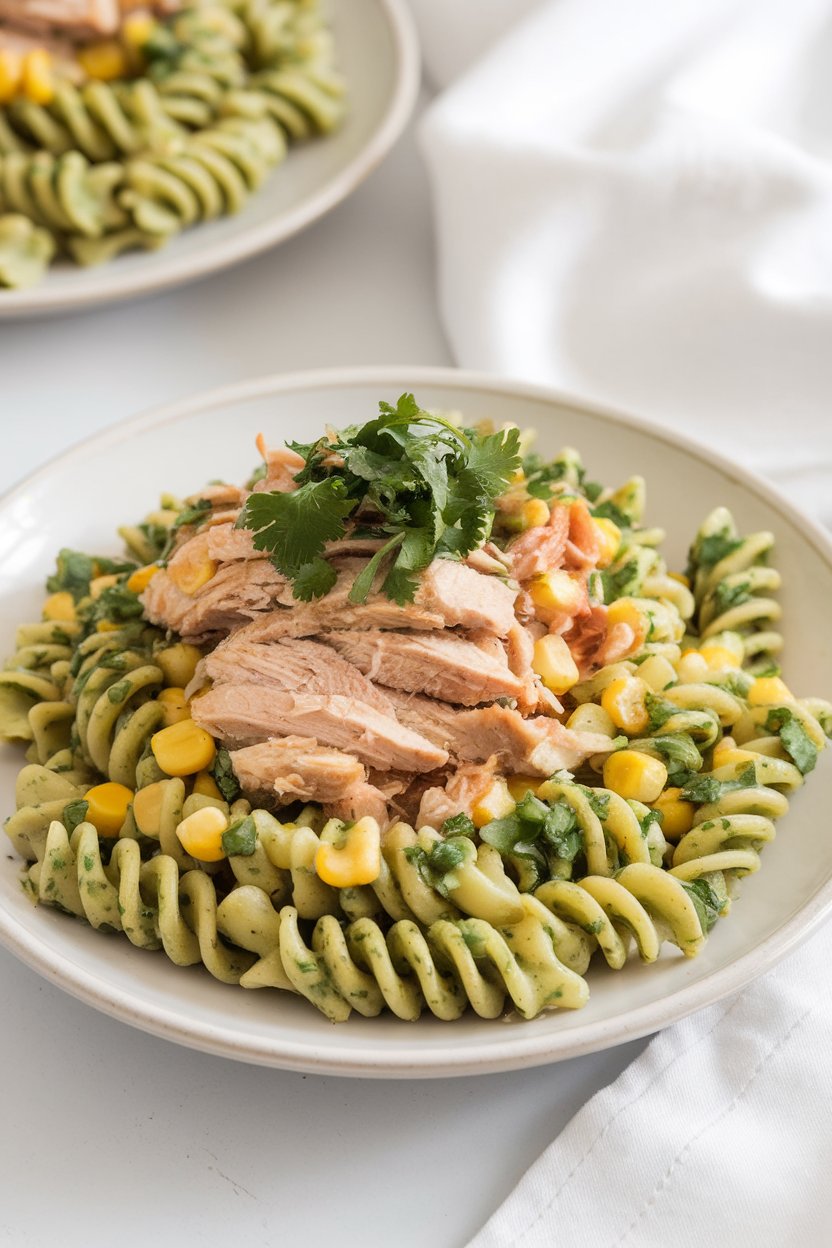 Indoor plate of rotini coated in green salsa, shredded chicken breast, and corn kernels, cilantro sprinkled on top. No text or logos.