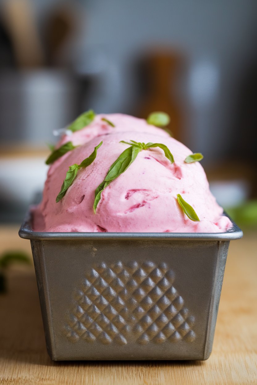 Indoor metal loaf pan with pink frozen yogurt studded with basil ribbons. No text or logos.