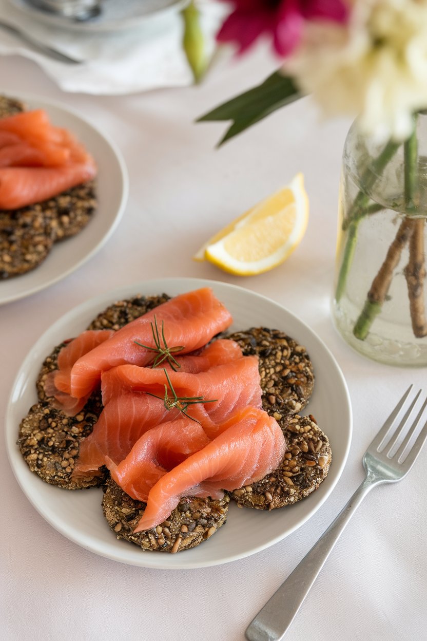 Indoor brunch table featuring cooked smoked salmon slices atop seed-packed crackers with a lemon wedge nearby. No text or logos.