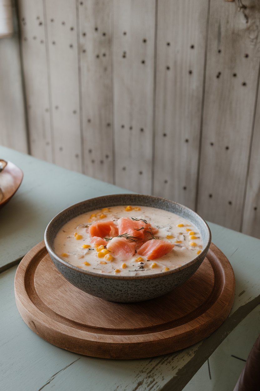 Indoor coastal dining table with a bowl of creamy salmon chowder, pink salmon flakes, corn kernels visible. No text or logos. Photo.