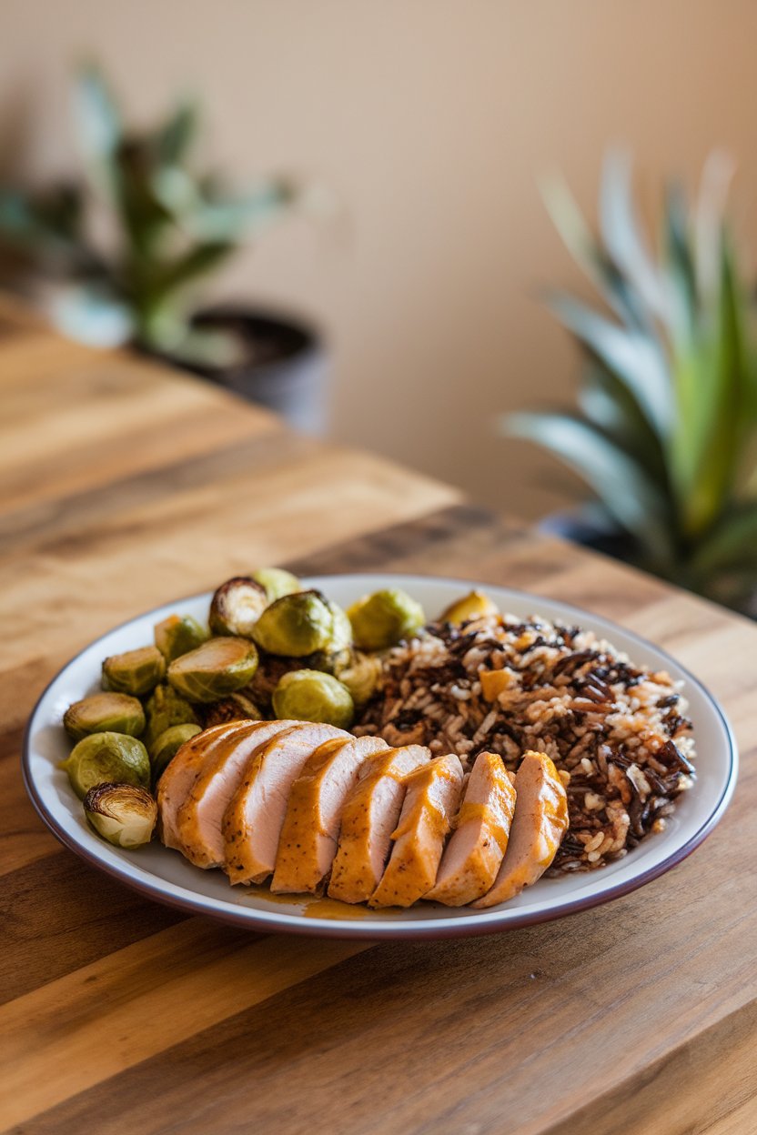 Indoor tabletop showing sliced honey mustard chicken breast on wild rice blend with roasted Brussels sprouts. No text or logos.