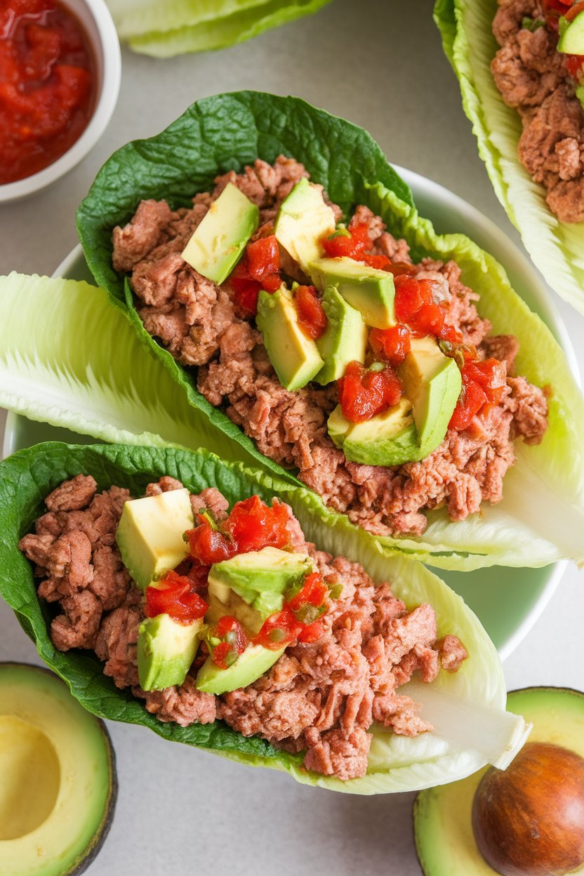 Indoor photo of romaine leaves filled with ground turkey, diced avocado, and salsa; overhead kitchen light, no text or logos