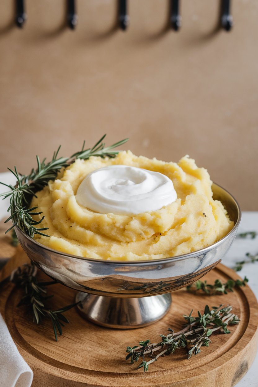 A serving bowl indoors with fluffy mashed potatoes, a swirl of Greek yogurt visible on top; no text or logos, photo only