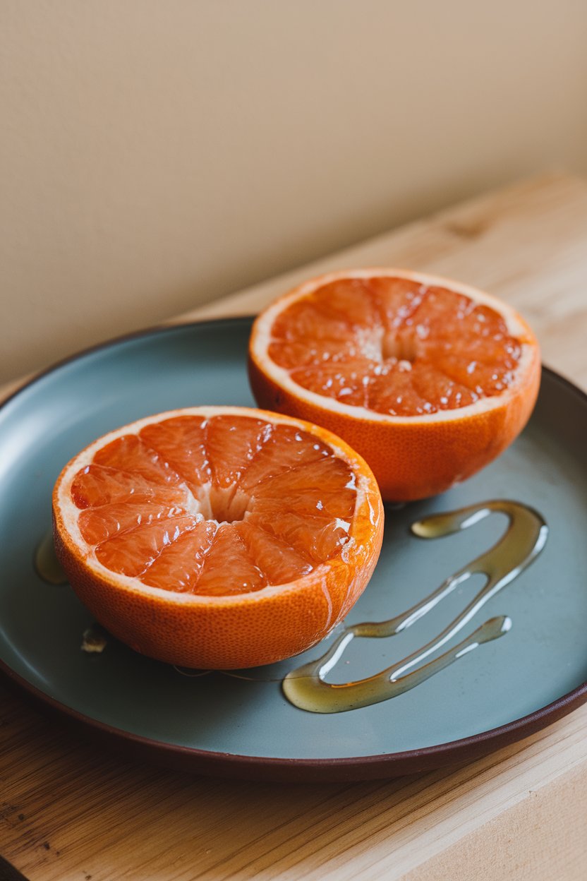 Indoor photo of broiled grapefruit halves caramelized on top, honey drizzle visible. No text or logos.