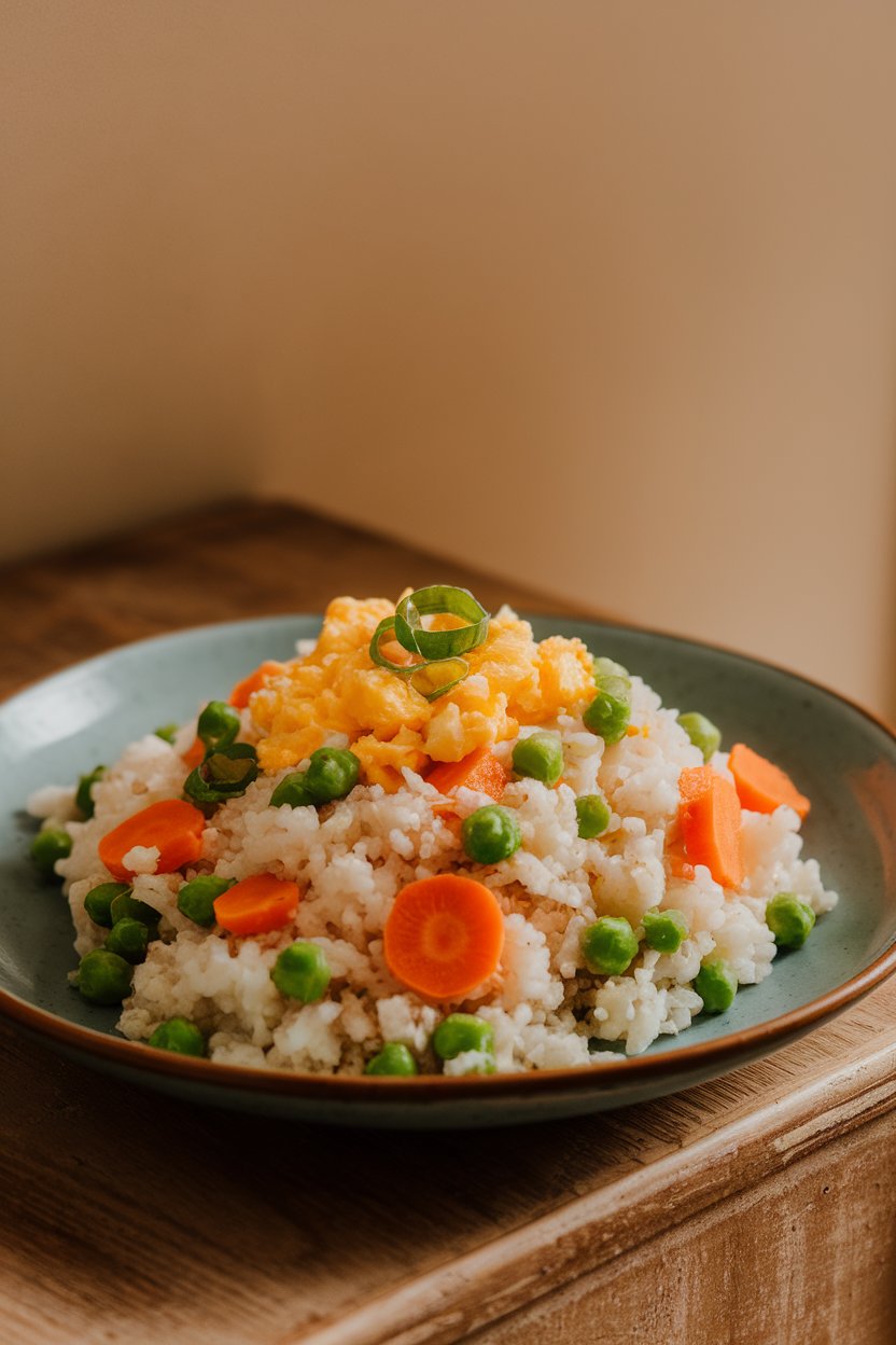 An indoor plate showcasing sautéed riced cauliflower with peas, carrots, scrambled egg bits, and green onion slices. Warm, even lighting; no brands in view.