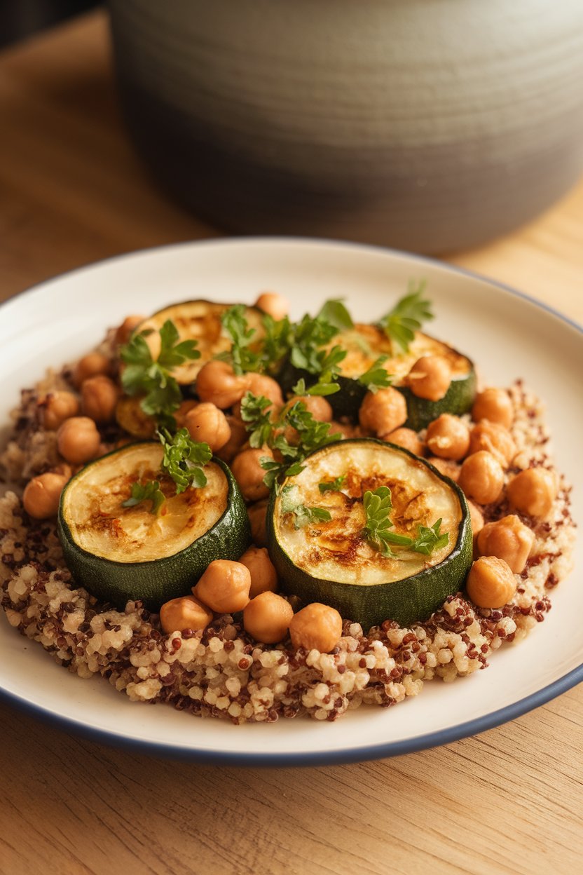 Photo of roasted zucchini rounds and chickpeas on quinoa with parsley indoors, no text or logos.