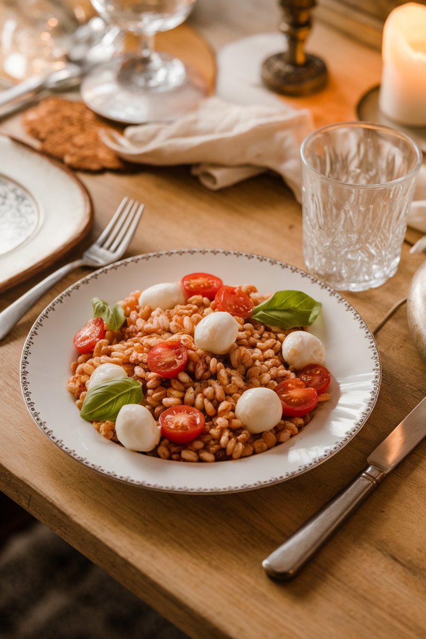 Photo of farro grains mixed with cherry tomatoes, mozzarella pearls, and fresh basil leaves on an indoor dinner table, no text or logos.