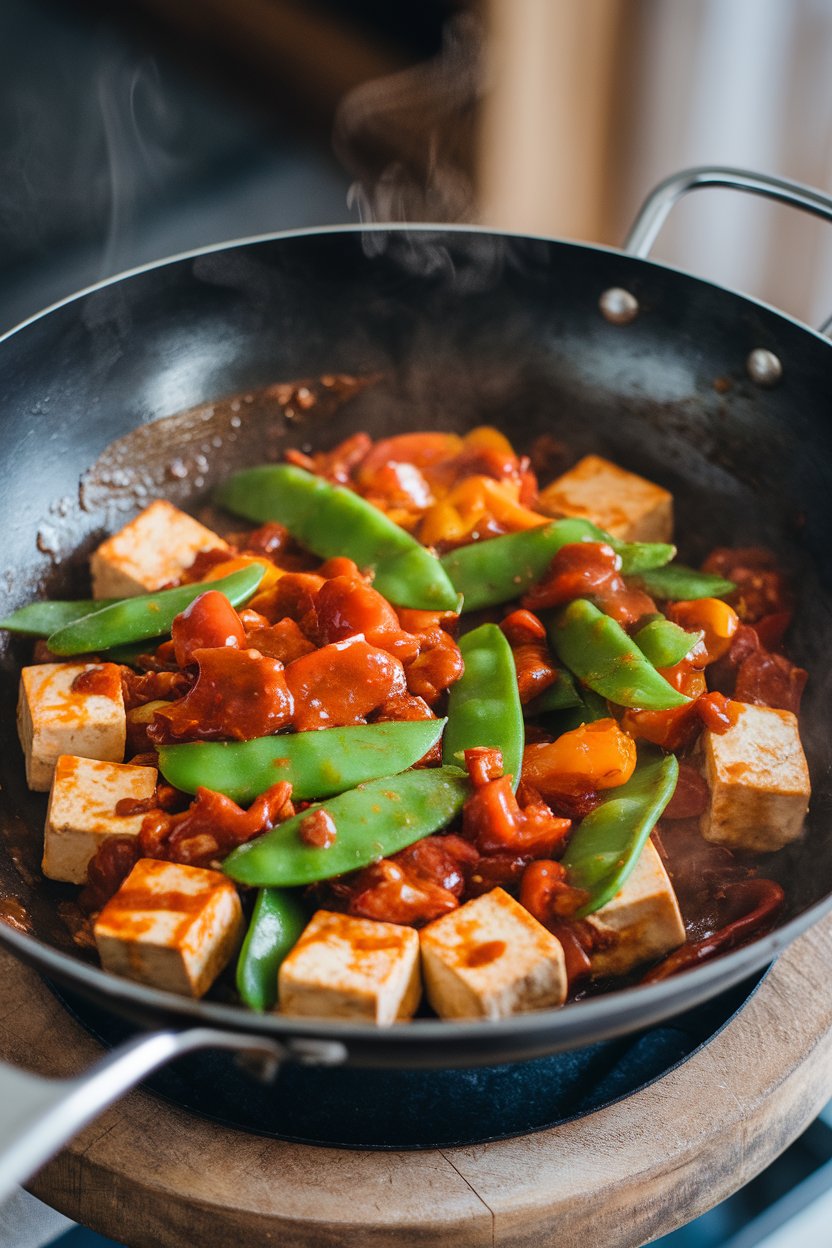 An indoor wok scene with tofu cubes, snow peas, and bell peppers coated in a glossy chili sauce, steam visible. No text or branding. Photo.
