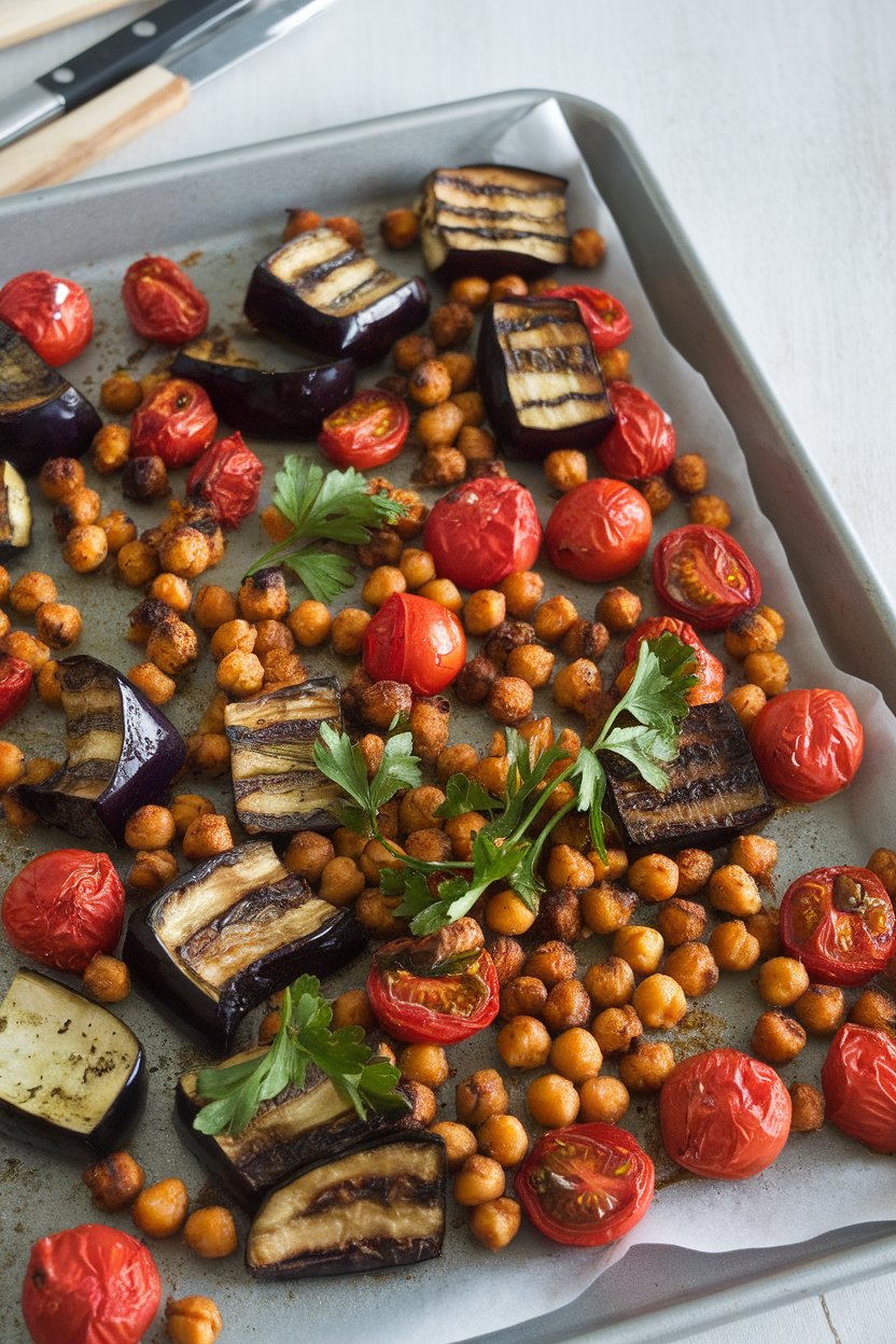 Indoor sheet pan holding roasted eggplant cubes, chickpeas, and cherry tomatoes sprinkled with fresh parsley. No text or logos.