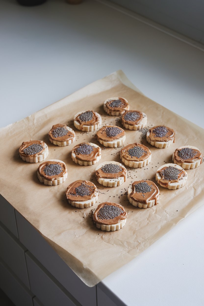 Indoor countertop with banana rounds topped with almond butter and chia seeds arranged on parchment. No text or logos.